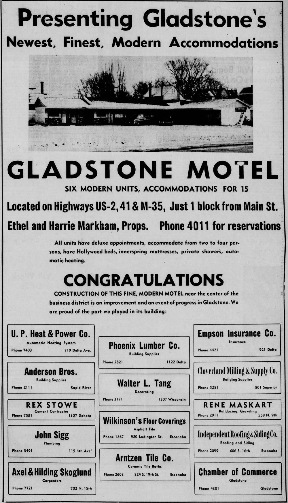 Gladstone Motel - Dec 18 1953 Opening Ad (newer photo)